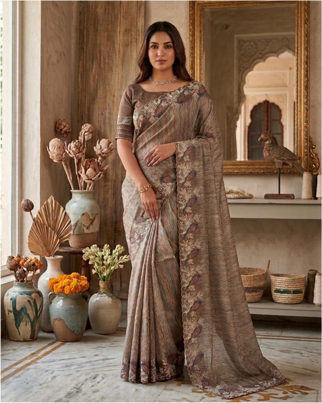 Elegant Taupe Designer Saree with Floral Embroidered Border Work